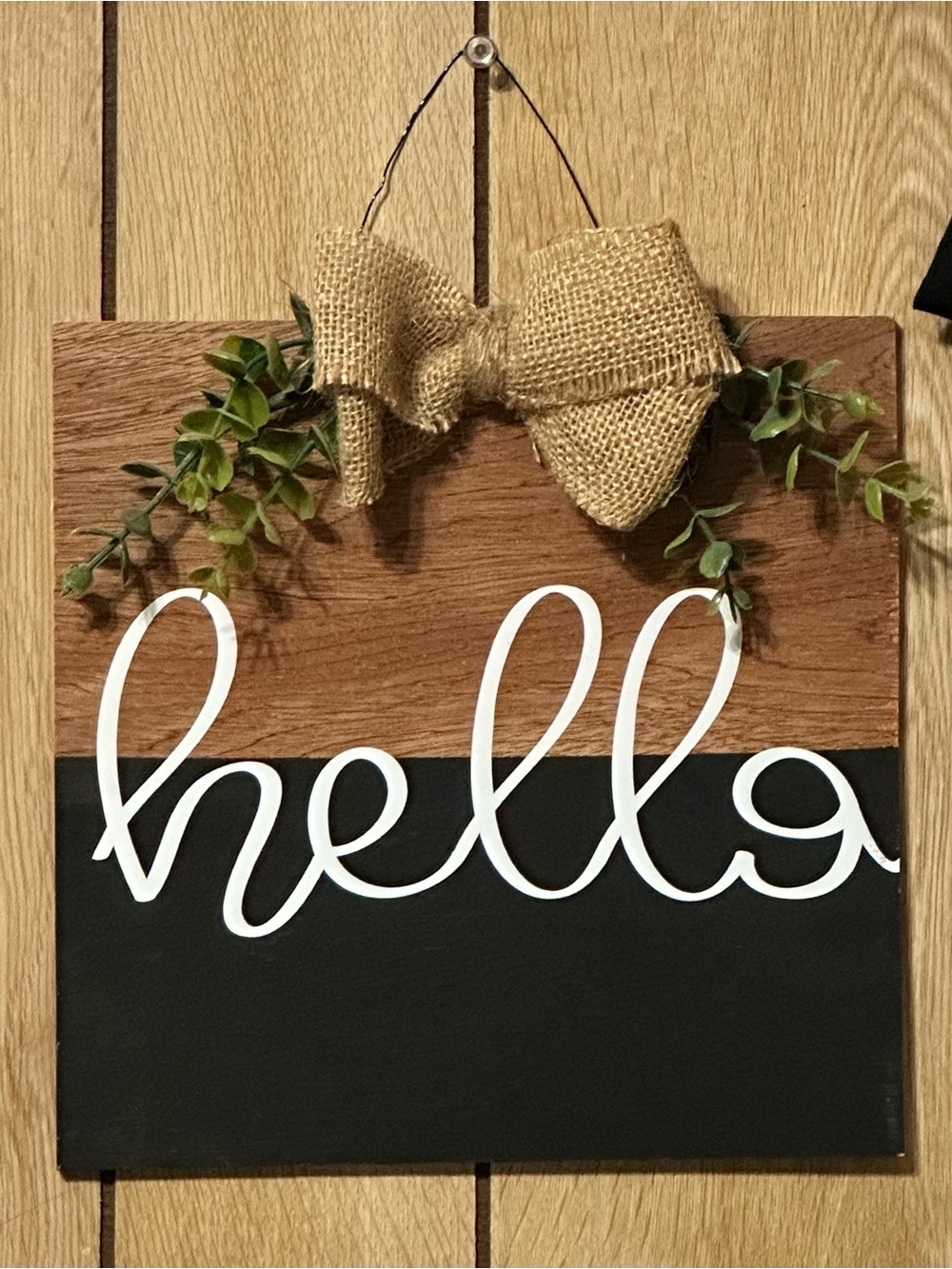Hello Wall Sign with White Script and Burlap Bow